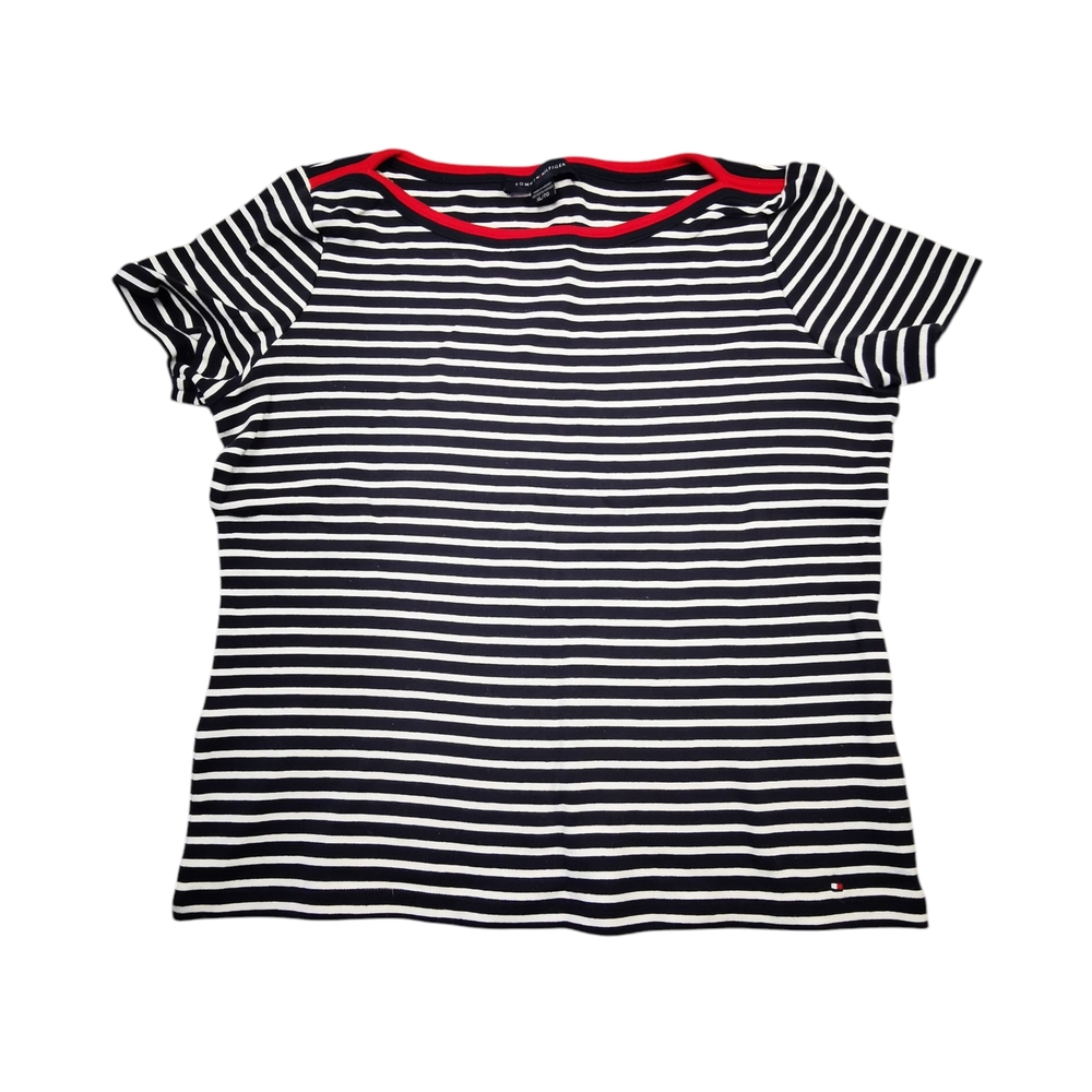 Striped Black and White T-Shirt with Red Accents